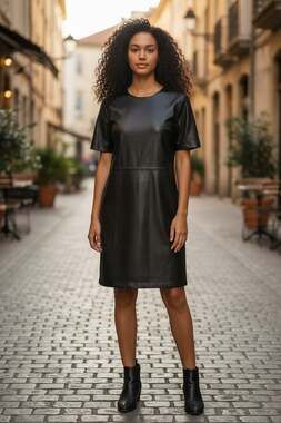 Z Supply London Faux Leather Short Sleeve Shift Mini Dress in Black